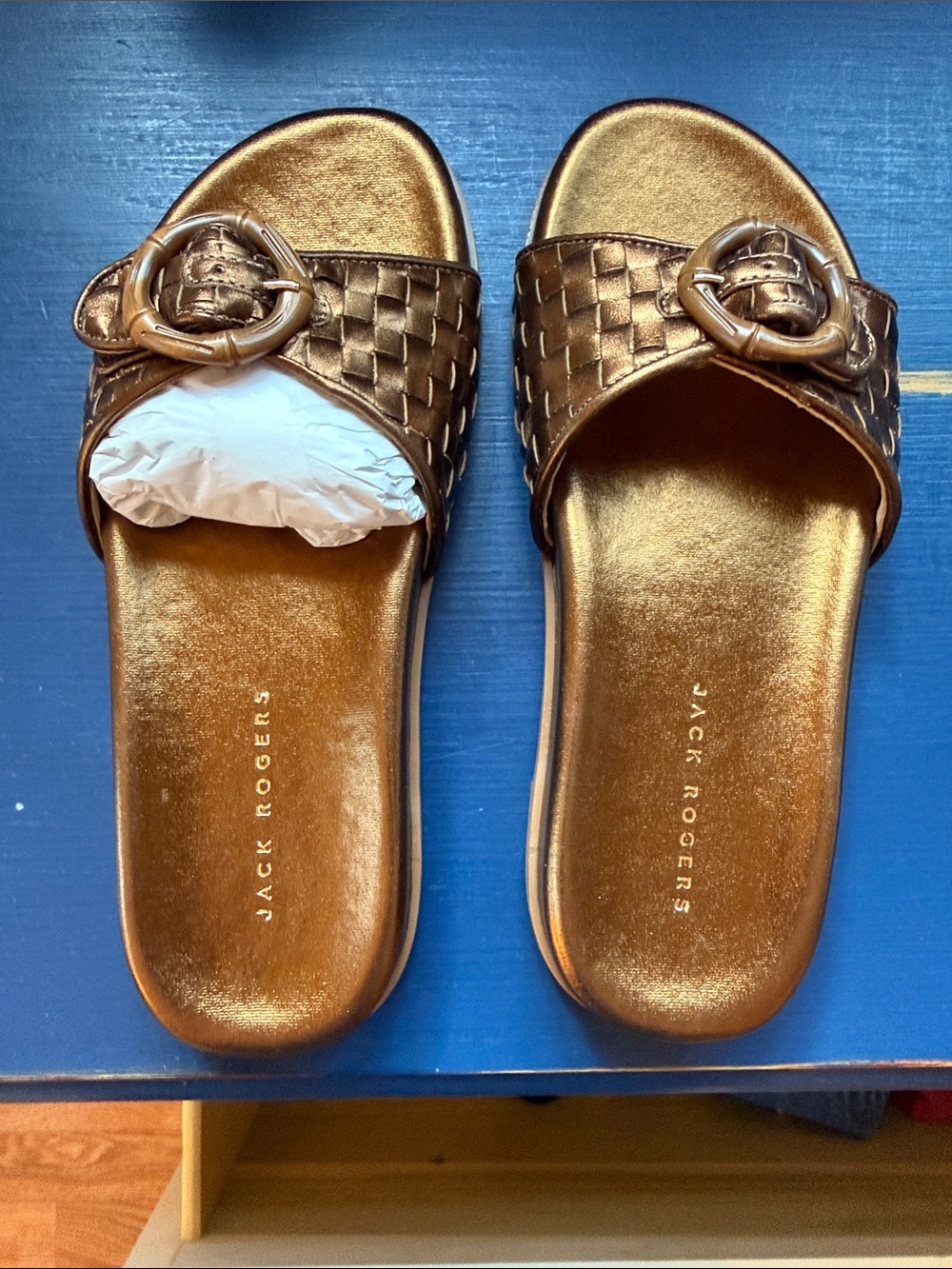 Jack Rogers Bronze Metallic Slide Sandals with Woven Strap
